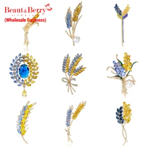 Broches de Espiga para Mujeres con Piedras Decorativas Azul y Amarillo, Pines de Plantas, Accesorios Informales Unisex de 5 Colores, Regalos